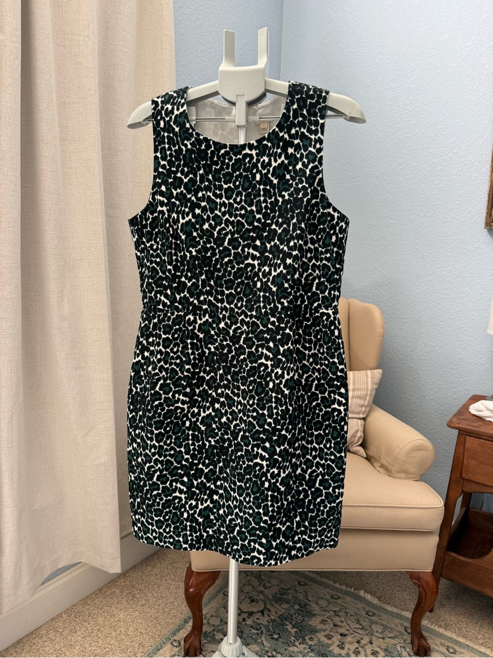 NWT J Crew Black White Green Leopard Print Sleeveless Sheath Dress 100% Cotton